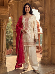 Cream Pink Farsi Salwar Set with Dupatta In Viscose