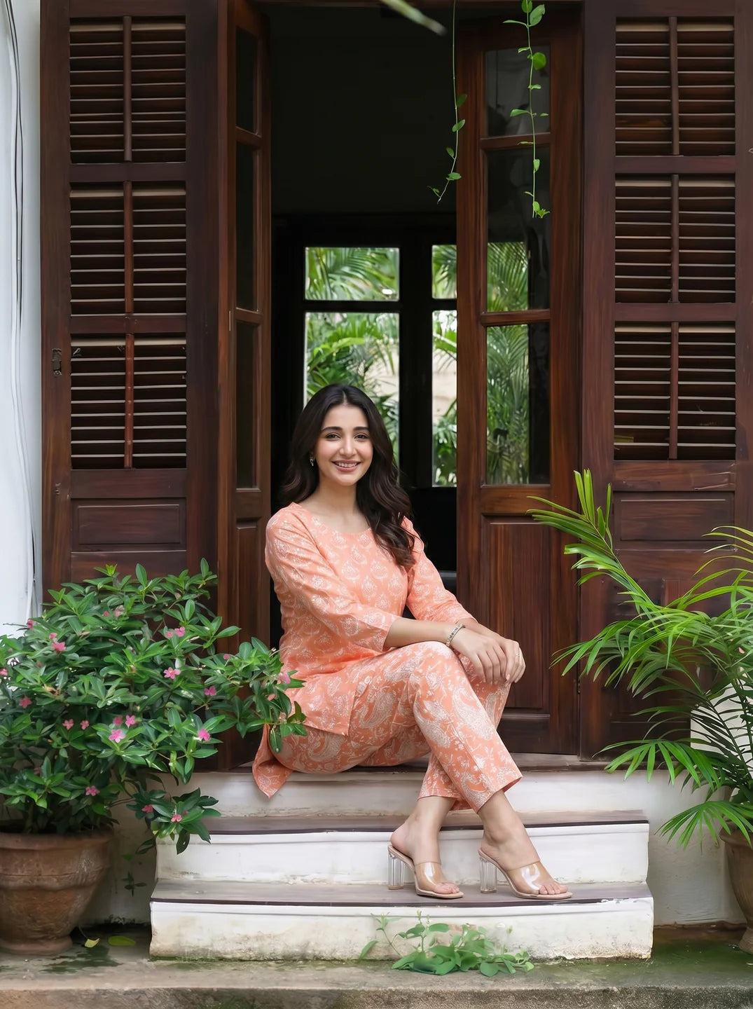 Peach Color Foral Print Cotton Kurta With Pant