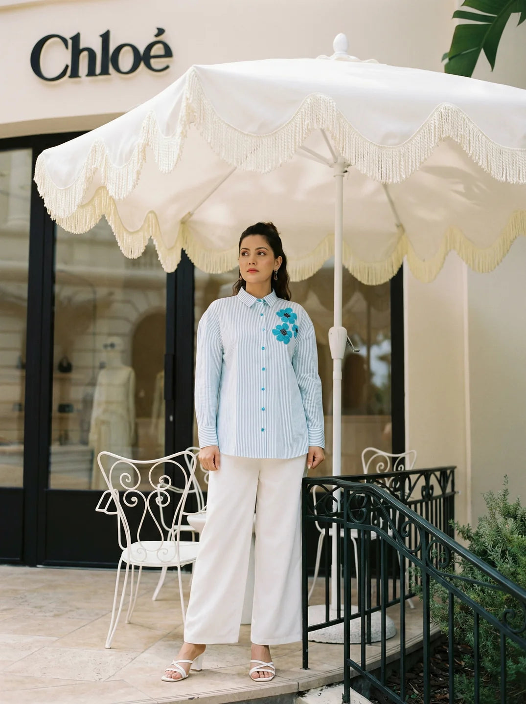 Blue & White Stripe Cotton Satin Beaded flower Embroidered Shirt