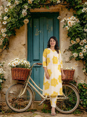 White & Yellow Bold Floral Printed Viscose Kurta Pant Set