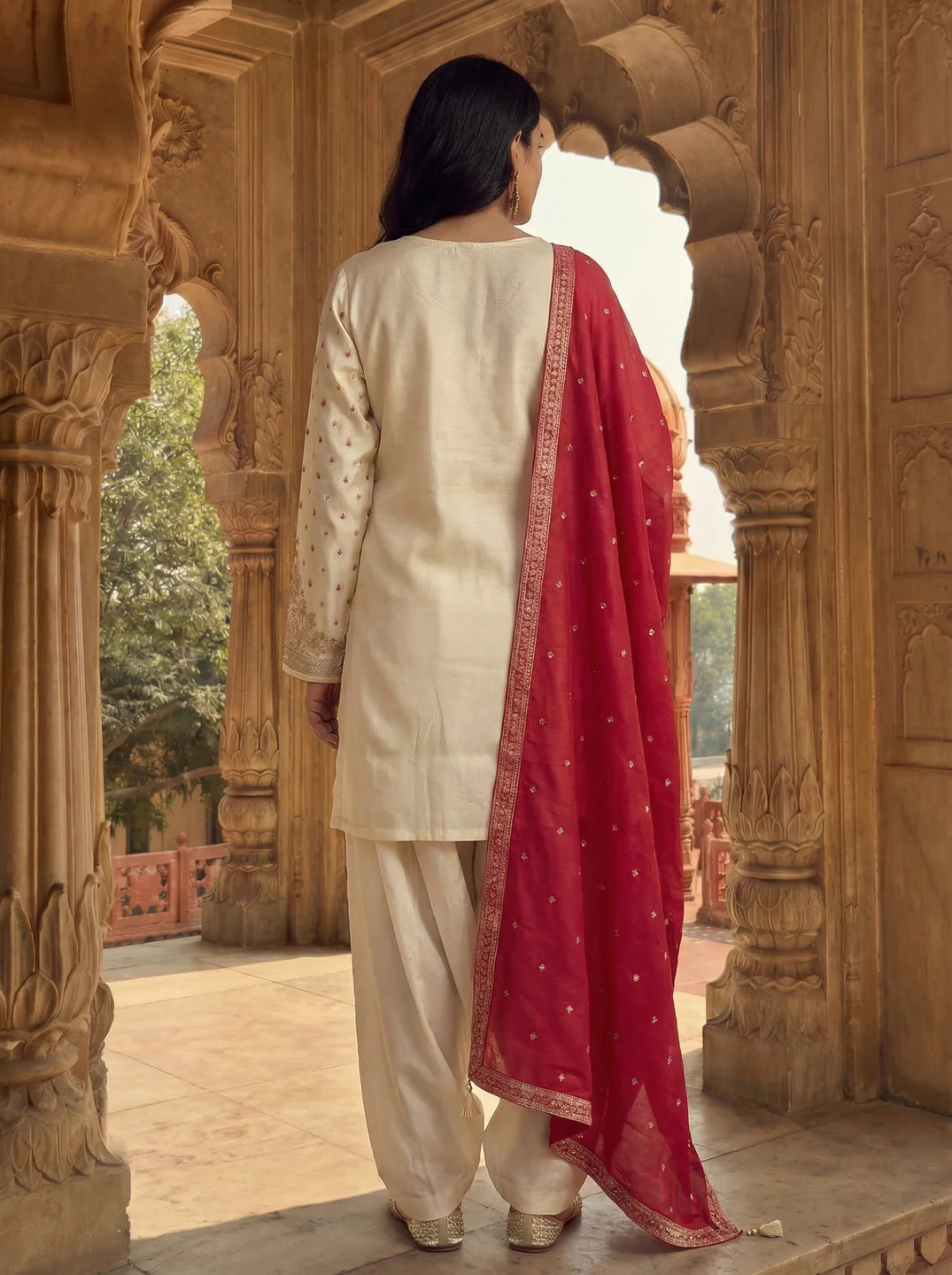 Cream Pink Farsi Salwar Set with Dupatta In Viscose