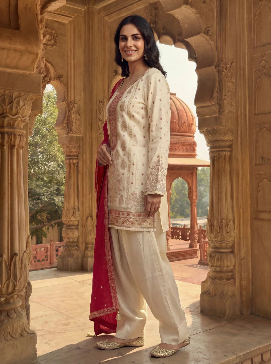 Cream Pink Farsi Salwar Set with Dupatta In Viscose