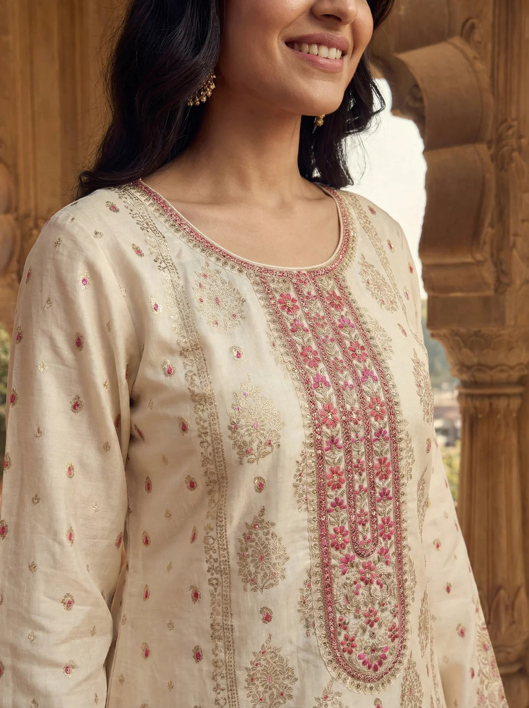 Cream Pink Farsi Salwar Set with Dupatta In Viscose