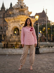 Red & White Stripe Cotton Satin Beaded flower Embroidered Shirt