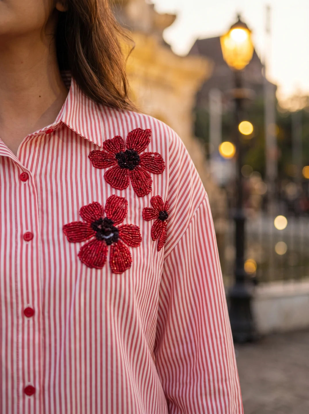 Red & White Stripe Cotton Satin Beaded flower Embroidered Shirt