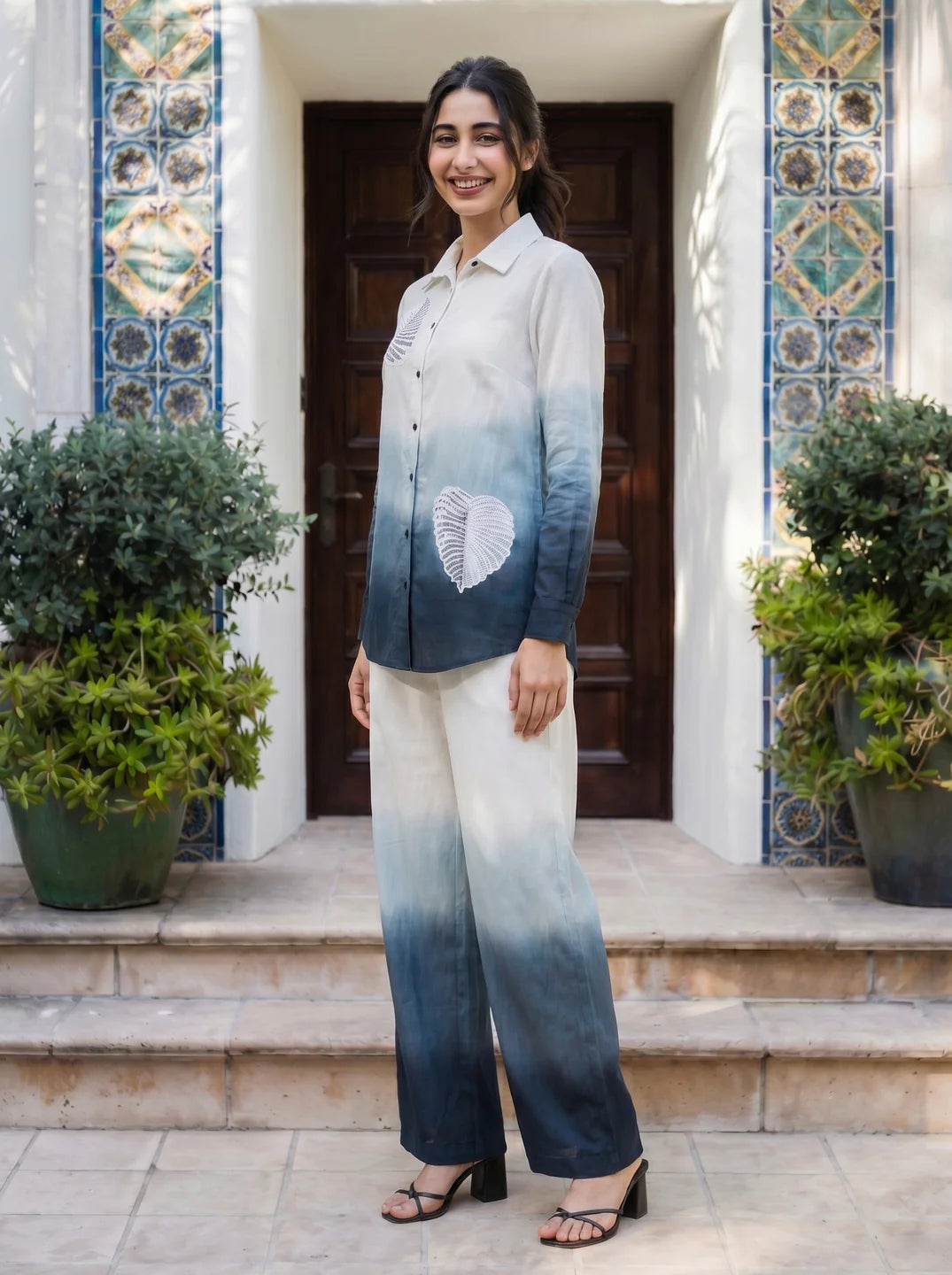 White And Navy Blue Sequence Cotton Flex Co-ord Set
