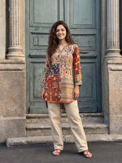 Beige & Red High Low Multicolored Printed Tunic