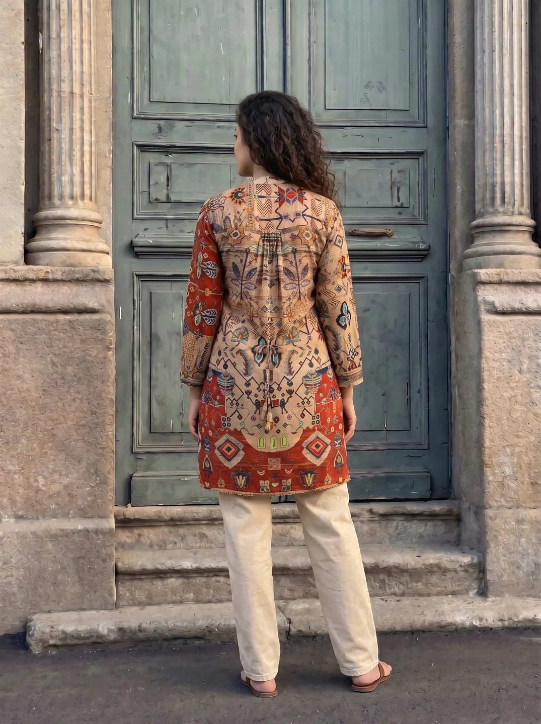 Beige & Red High Low Multicolored Printed Tunic