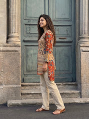 Beige & Red High Low Multicolored Printed Tunic