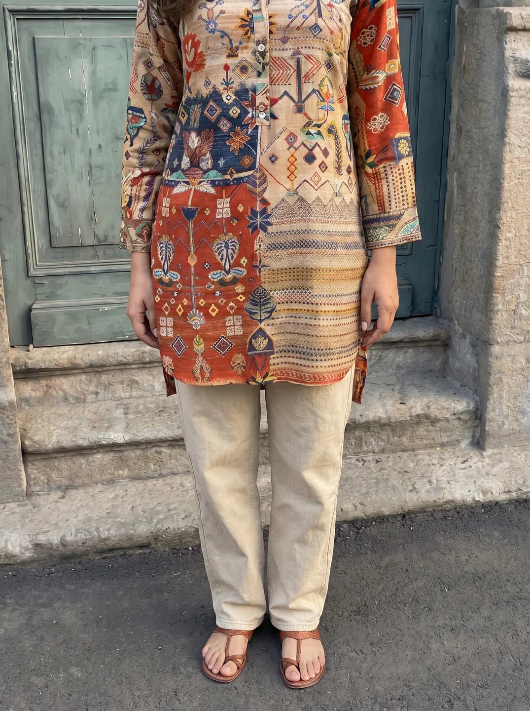 Beige & Red High Low Multicolored Printed Tunic