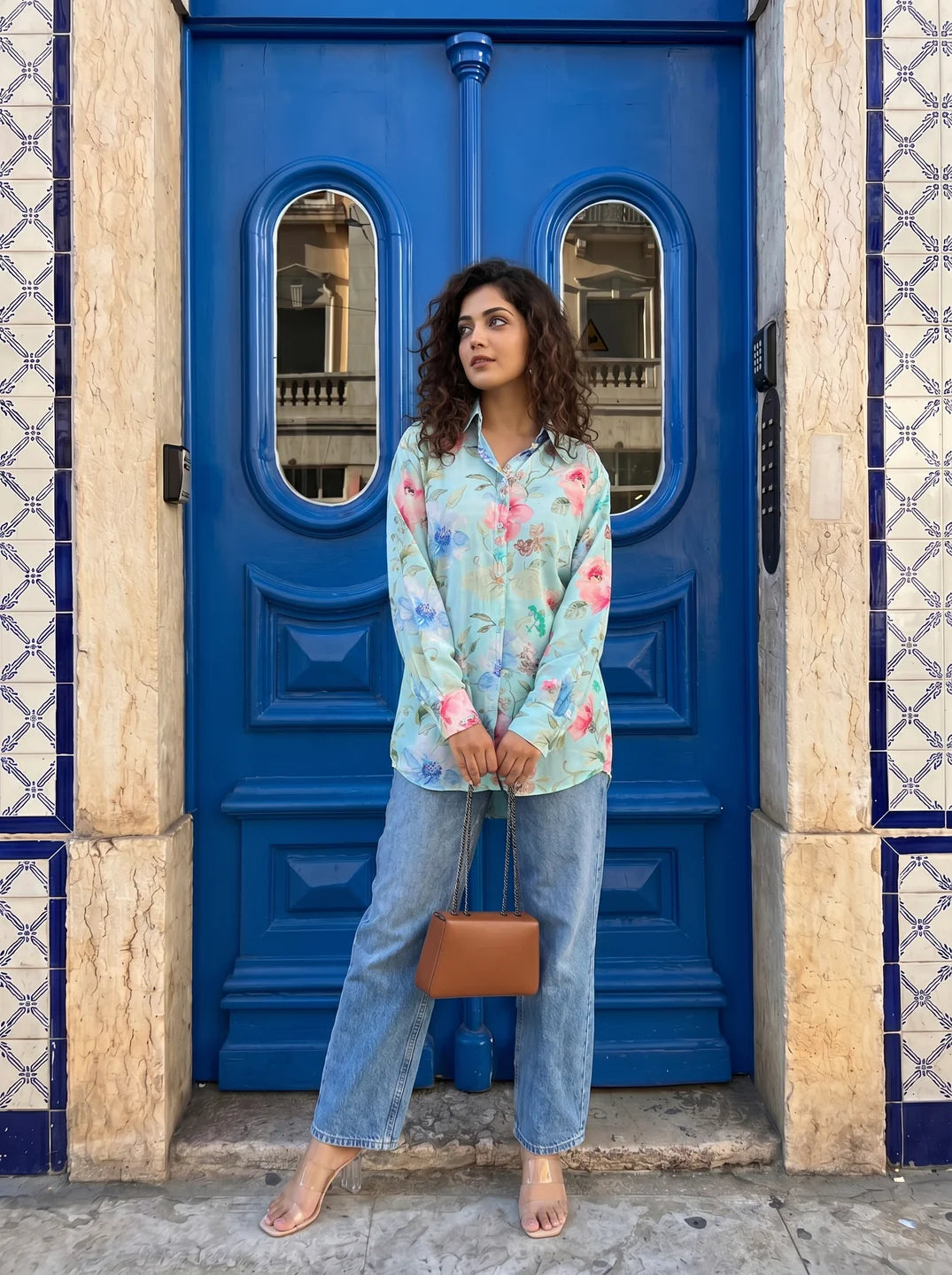 Sky Blue Floral Print Muslin Shirt-Style Tunic