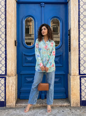 Sky Blue Floral Print Muslin Shirt-Style Tunic