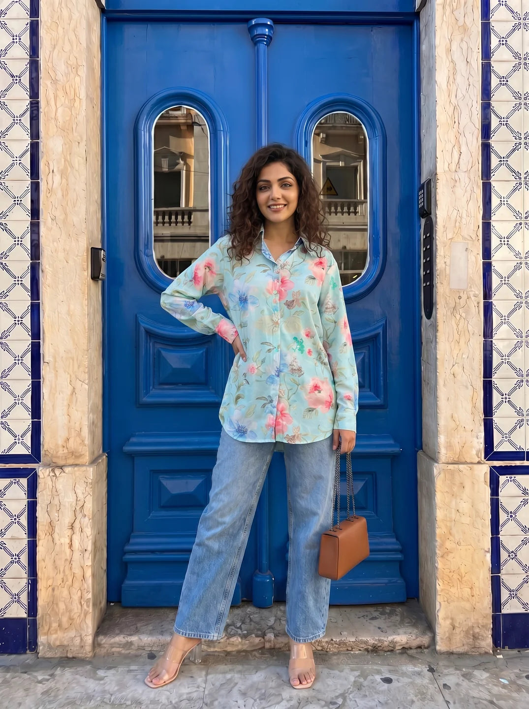 Sky Blue Floral Print Muslin Shirt-Style Tunic