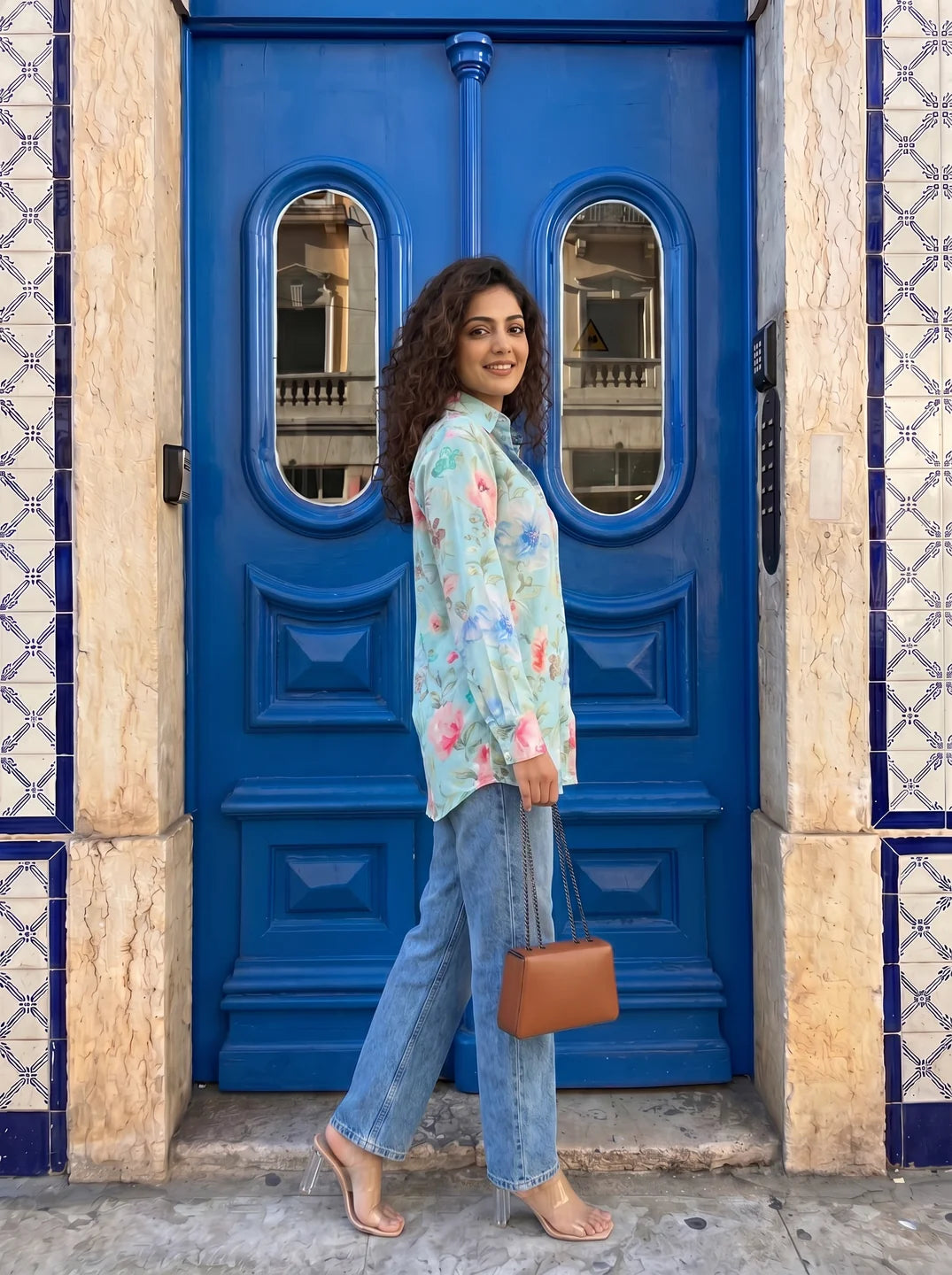 Sky Blue Floral Print Muslin Shirt-Style Tunic