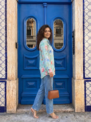Sky Blue Floral Print Muslin Shirt-Style Tunic