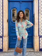 Sky Blue Floral Print Muslin Shirt-Style Tunic