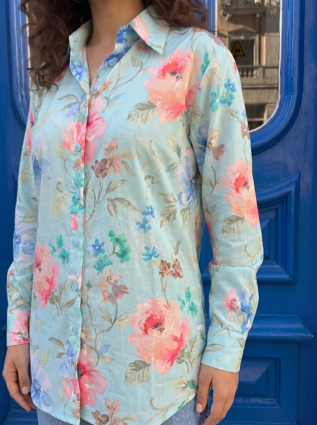 Sky Blue Floral Print Muslin Shirt-Style Tunic