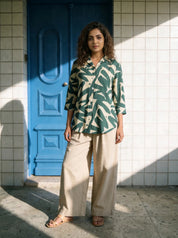 Green Russian Silk Floral Printed  Shirt