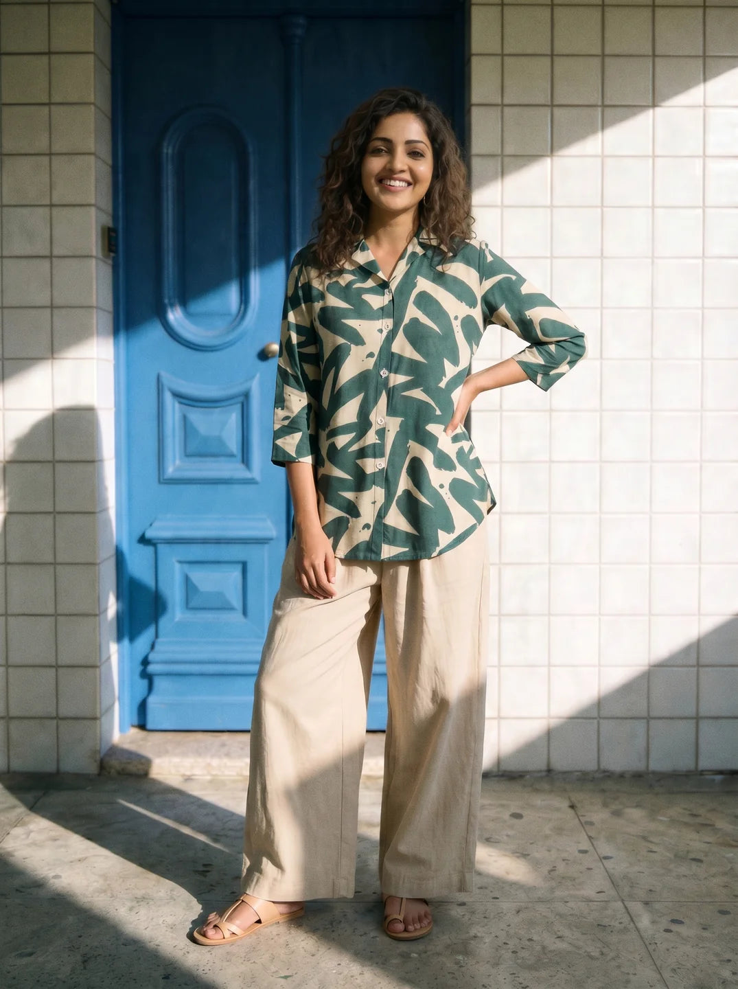 Green Russian Silk Floral Printed  Shirt