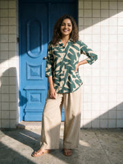 Green Russian Silk Floral Printed  Shirt