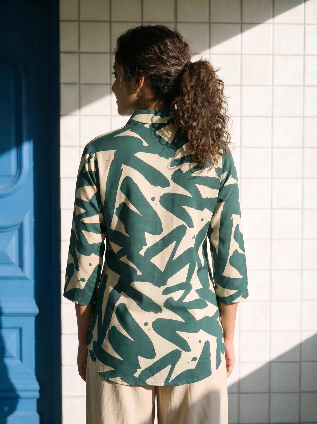 Green Russian Silk Floral Printed  Shirt