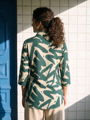 Green Russian Silk Floral Printed  Shirt