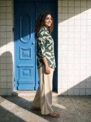 Green Russian Silk Floral Printed  Shirt