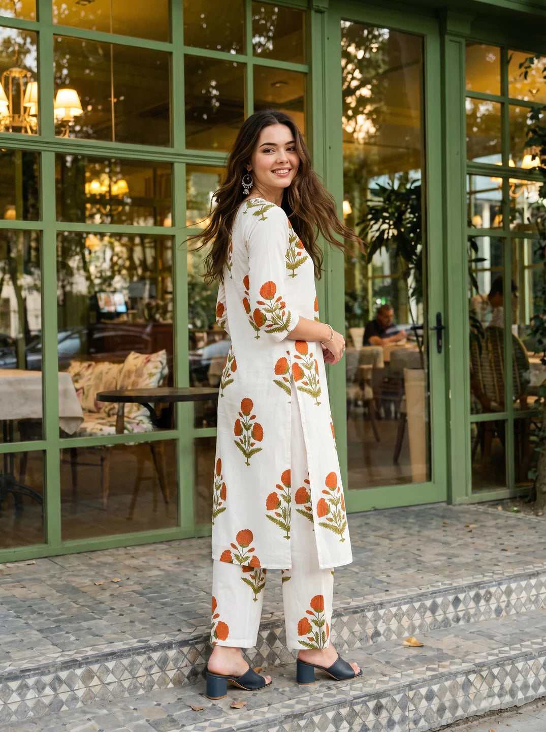 White & Rust Bold Floral A-Line Kurta Set