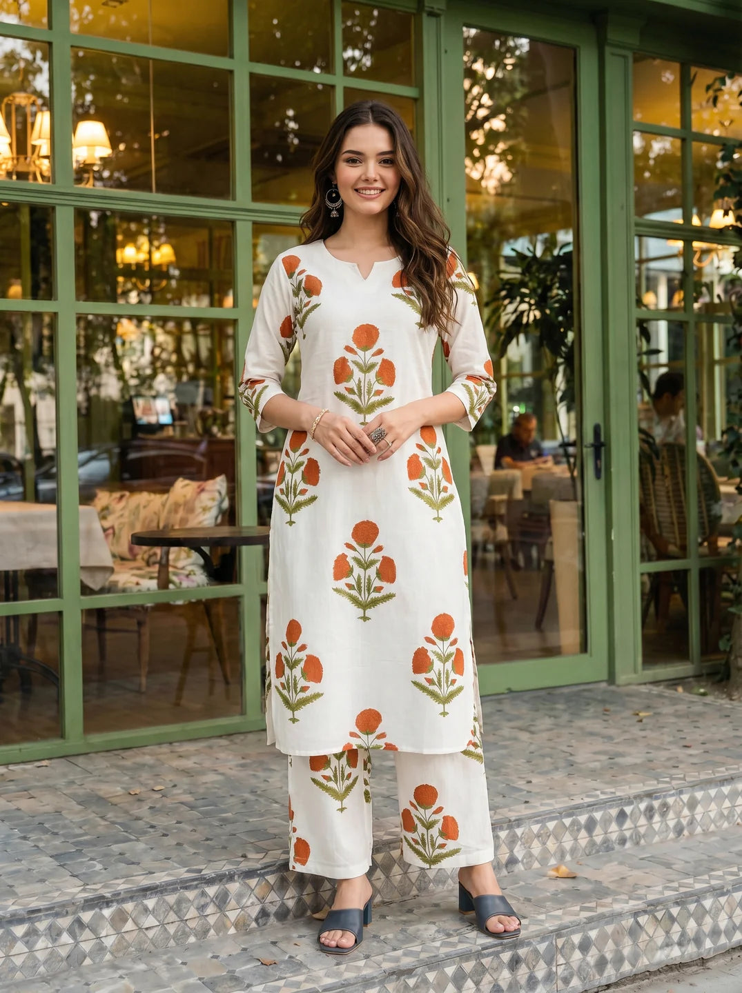White & Rust Bold Floral A-Line Kurta Set