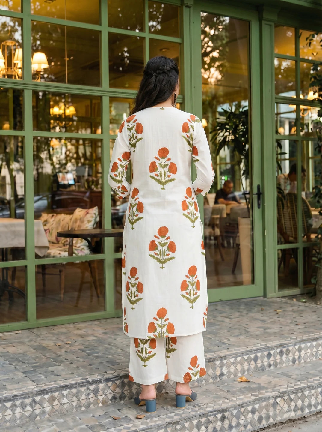 White & Rust Bold Floral A-Line Kurta Set