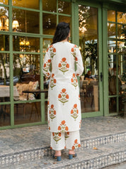 White & Rust Bold Floral A-Line Kurta Set
