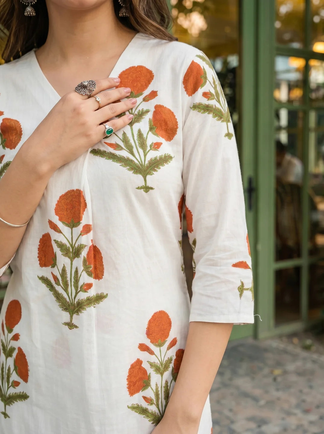 White & Rust Bold Floral A-Line Kurta Set