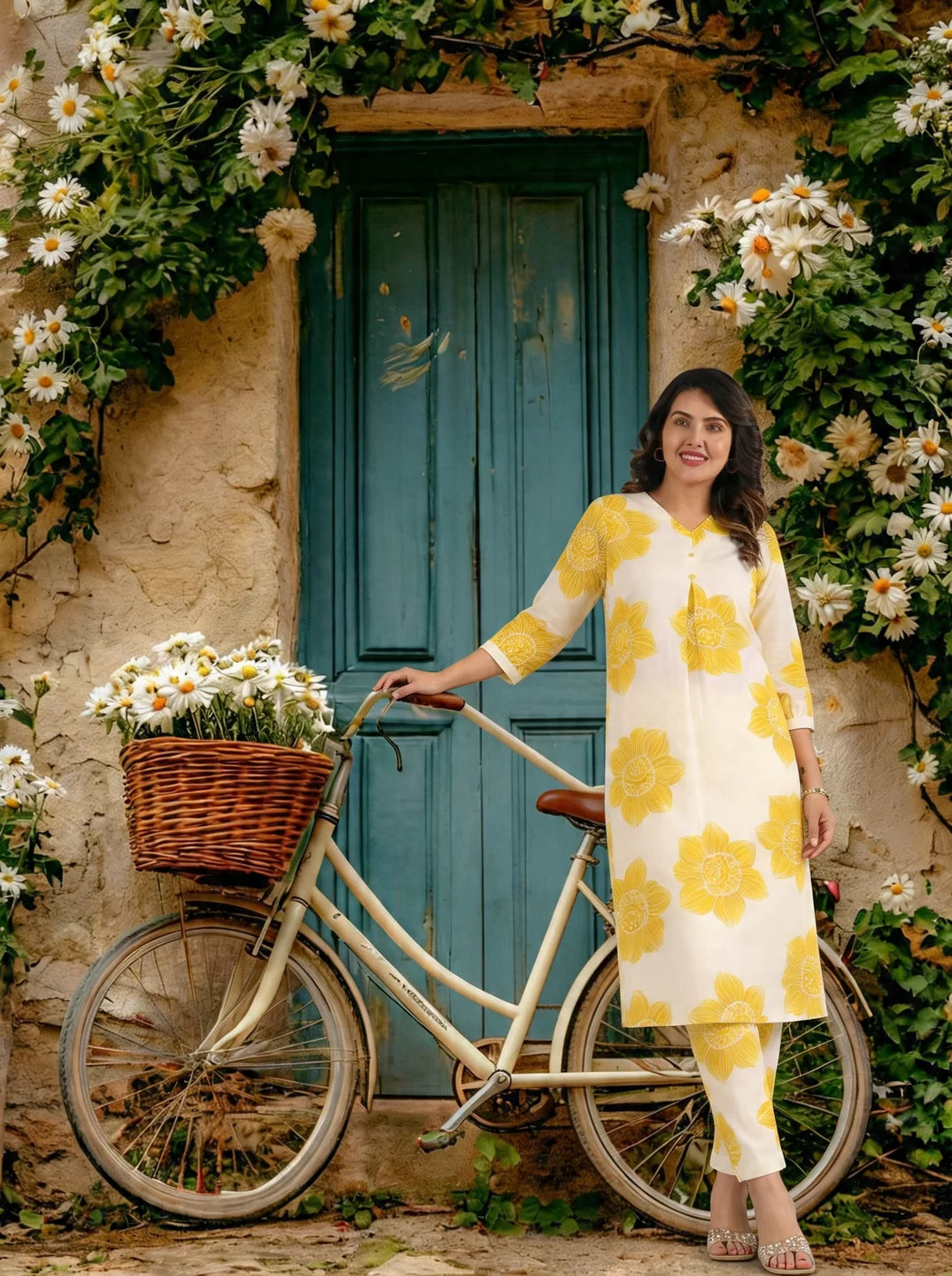 White & Yellow Bold Floral Printed Viscose Kurta Pant Set