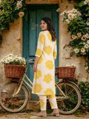 White & Yellow Bold Floral Printed Viscose Kurta Pant Set