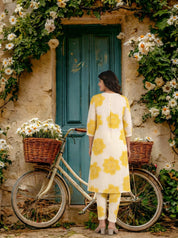 White & Yellow Bold Floral Printed Viscose Kurta Pant Set