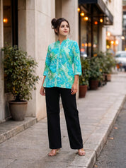 Green Blue Leafy Floral Pintuck Kurti