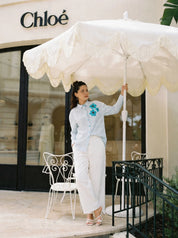 Blue & White Stripe Cotton Satin Beaded flower Embroidered Shirt