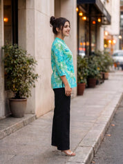 Green Blue Leafy Floral Pintuck Kurti