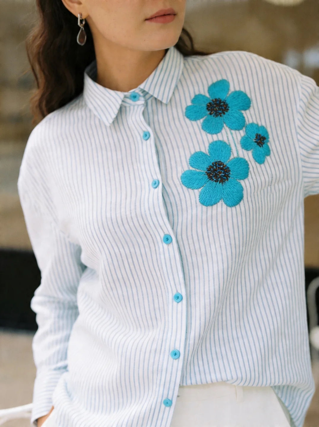 Blue & White Stripe Cotton Satin Beaded flower Embroidered Shirt