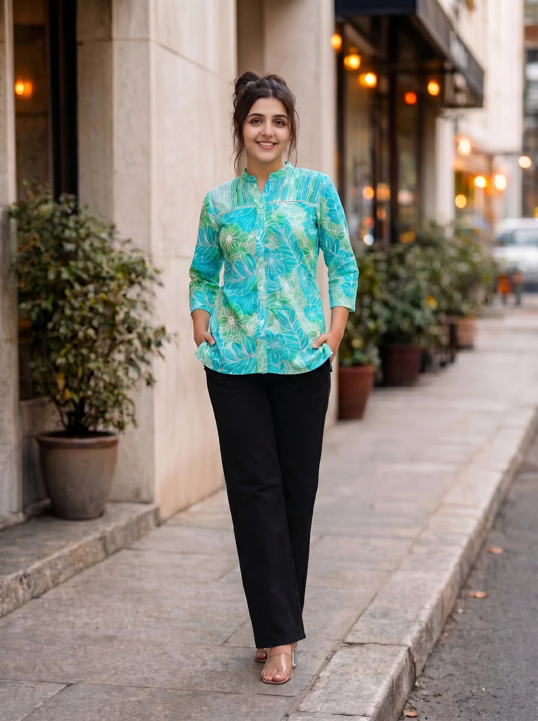 Green Blue Leafy Floral Pintuck Kurti