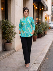 Green Blue Leafy Floral Pintuck Kurti
