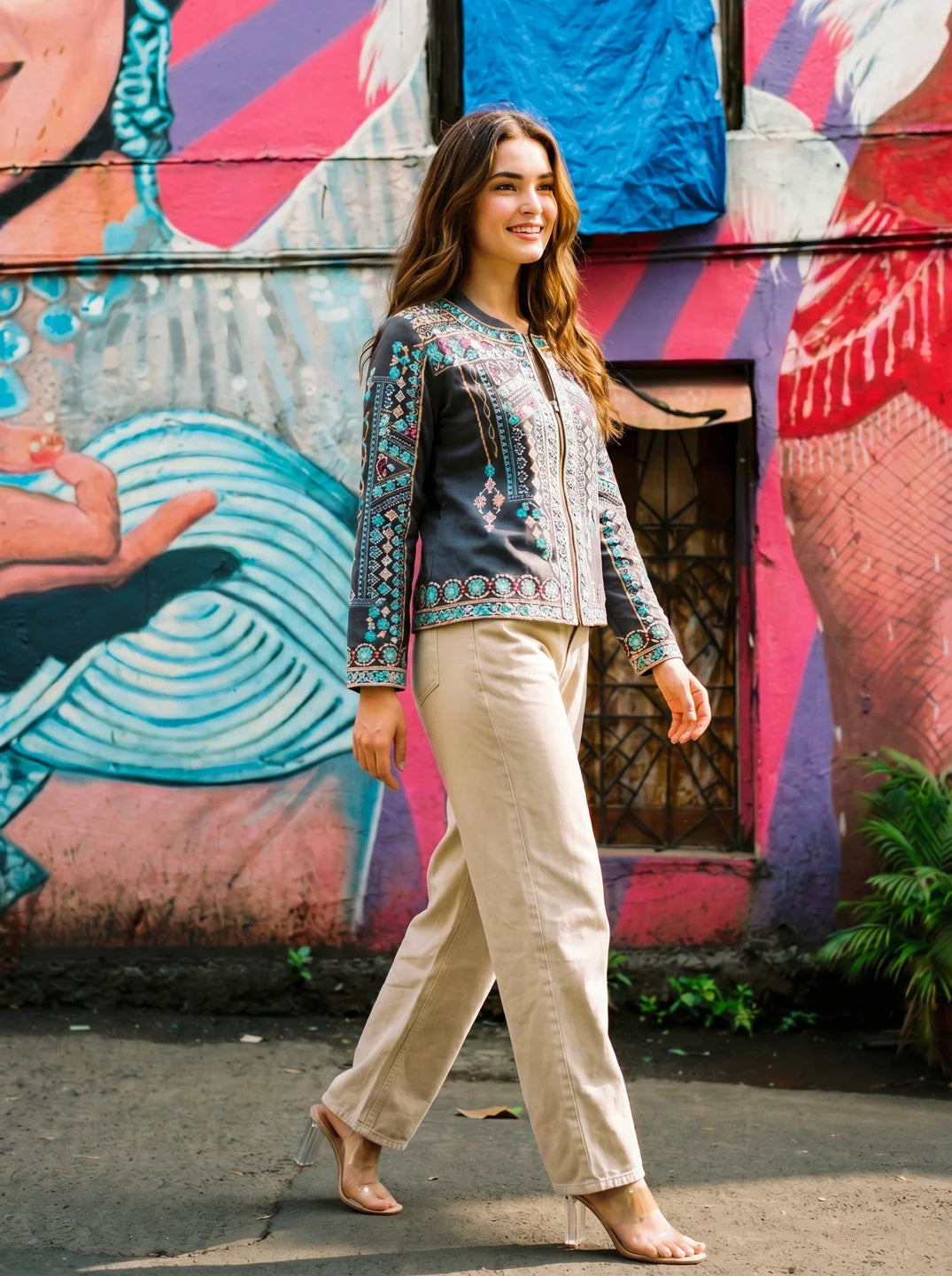 Multicolored Embroidered Cotton Bomber Jacket