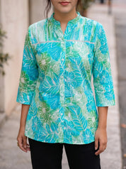 Green Blue Leafy Floral Pintuck Kurti