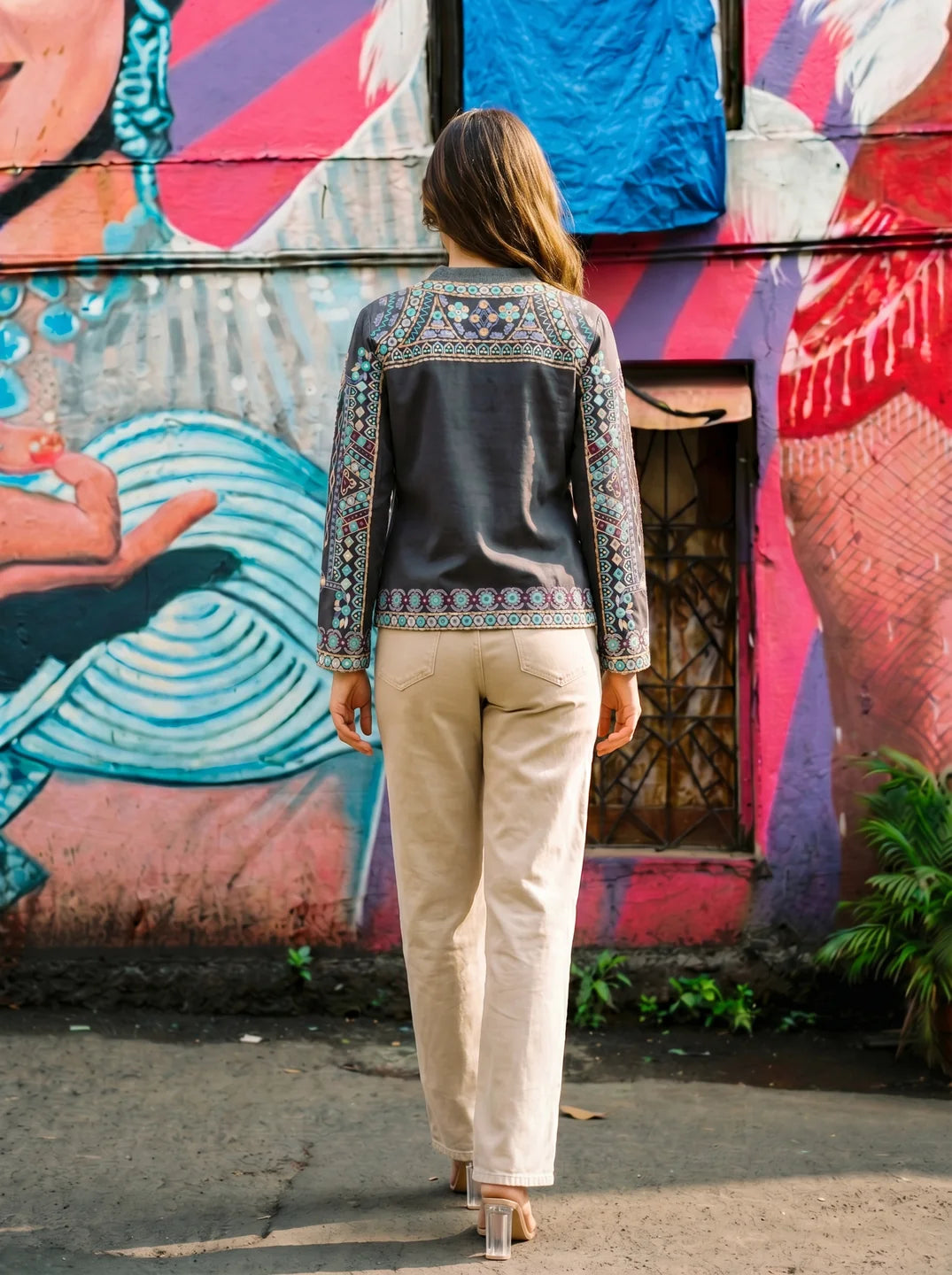 Multicolored Embroidered Cotton Bomber Jacket