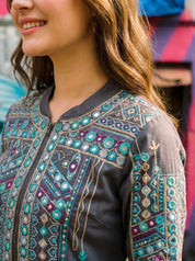 Multicolored Embroidered Cotton Bomber Jacket