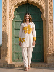Off White Floral Printed & Embroidered Set