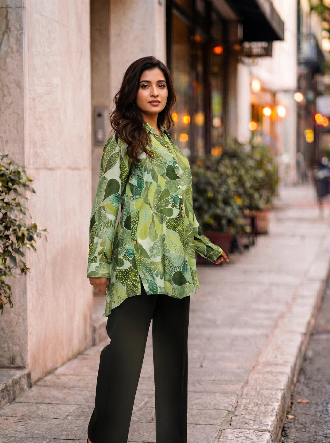 Green Floral Print With Beads Shirt Style Tunic