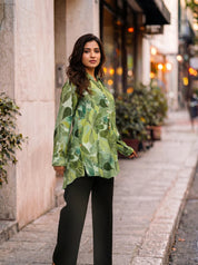 Green Floral Print With Beads Shirt Style Tunic