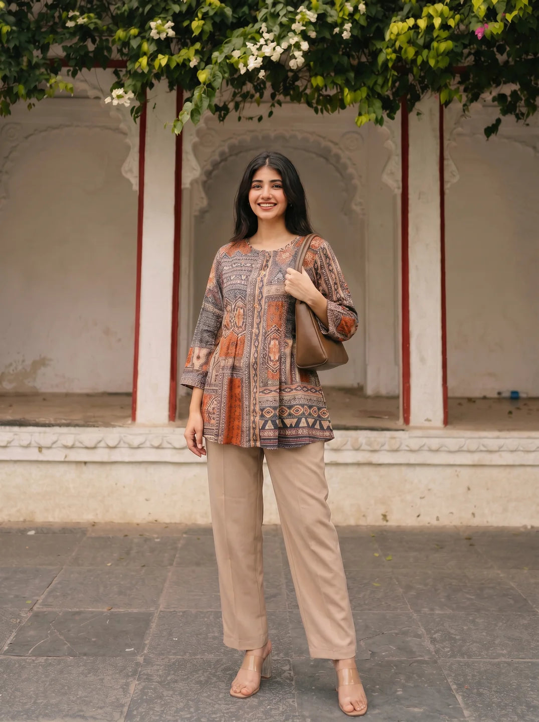 Grey & Orange Printed Muslin Tunic