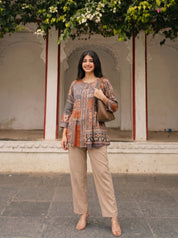Grey & Orange Printed Muslin Tunic